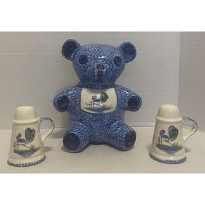 Vintage NS Gustin 12” Ceramic Bear Cookie Jar & Salt/Pepper Shakers-Hand painted